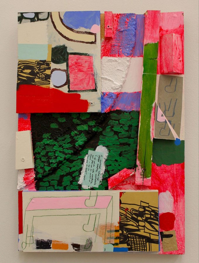 Buster Acrylic, mixed media, and wood collage on panel 21 × 14 in, 2025