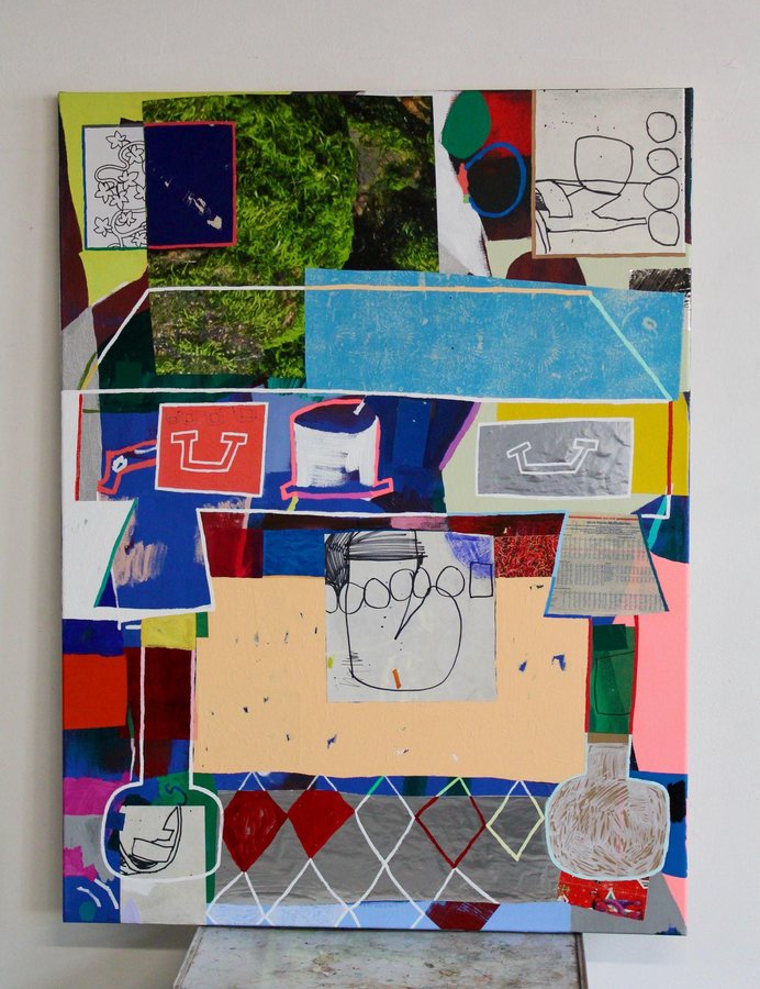 Depot drawers Acrylic and collage on canvas 48 × 36 in, 2025