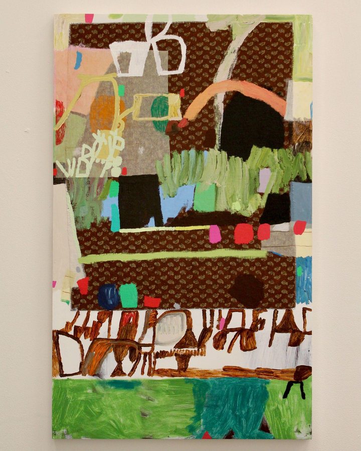 Entry line Acrylic and collage on wood panel 39 × 24 in, 2025