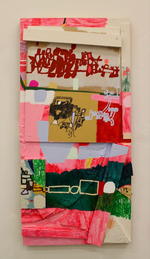 Personal highway Acrylic and collaged wood on panel 40 × 19 in, 2025