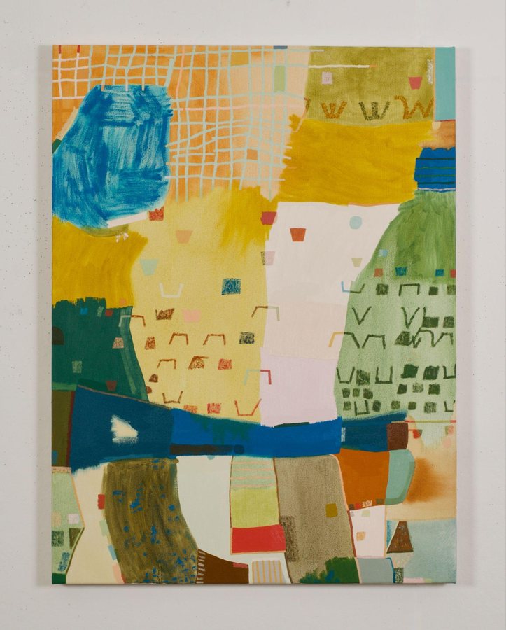 Sounding yellow bell Acrylic and collaged wood on panel 48 × 36 in, 2026