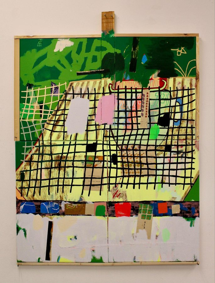 Tennis Acrylic and collage on canvas 46 × 36 in, 2025